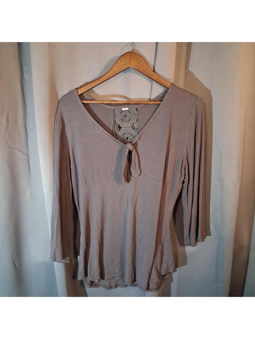 Gray Long Sleeve Top with Crochet Detail and Front Tie